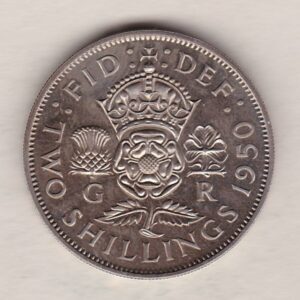 1950 Cupro Nickel Proof Florin featuring King George VI on the Obverse. A crowned Tudor rose with denomination and date on the Reverse.