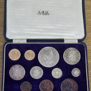 1955 South Africa Eleven Coin Proof Set. This six coin set coin contains the gold, silver and bronze coinage all presented in the original box.