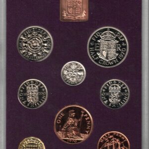1970 Royal Mint Proof Set. This set contains Eight coins. The set comes cased as issued by the Royal Mint. Coinage of Great Britain and Northern Ireland.