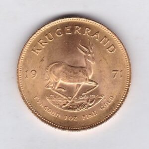 1971 South Africa Gold One Ounce Krugerrand. Investment one ounce gold coin featuring Paul Kruger on the Obverse. The springbok on the Reverse.