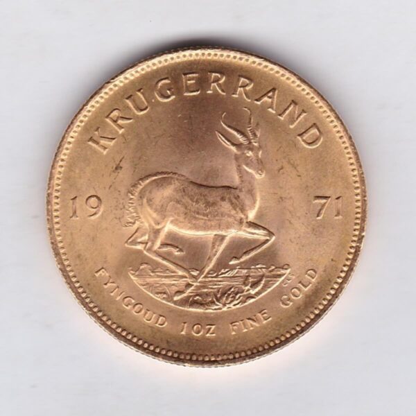 1971 South Africa Gold One Ounce Krugerrand. Investment one ounce gold coin featuring Paul Kruger on the Obverse. The springbok on the Reverse.