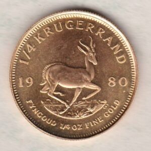 1980 South Africa Gold Quarter Ounce Krugerrand coin featuring Paul Kruger on the Obverse. The springbok antelope is on the Reverse.