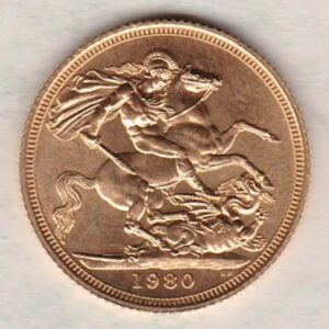 1980 Gold Sovereign Coin. This coin features the second portrait of Queen Elizabeth II on the obverse. St George and dragon on the reverse.