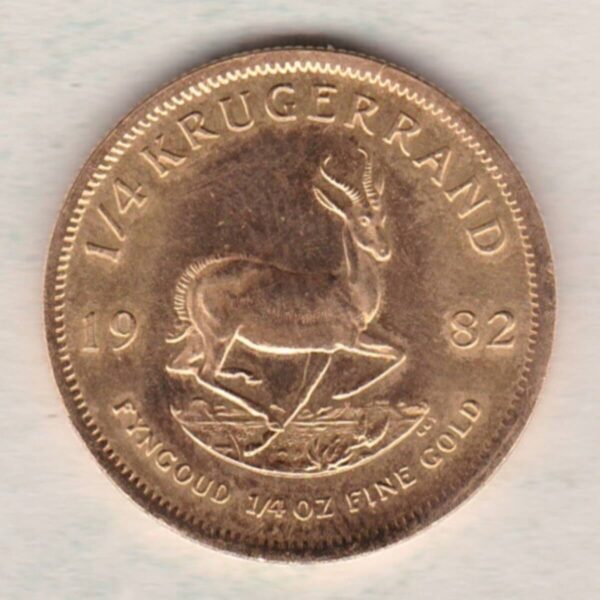 1982 South Africa Gold Quarter Ounce Krugerrand coin featuring Paul Kruger on the Obverse. The springbok antelope is on the Reverse.