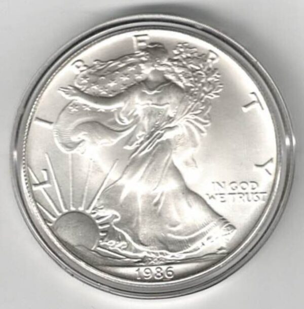 1986 Silver USA One Ounce Eagle. The liberty is on the obverse, The eagle is on the reverse. The coin contains one ounce of 999 fine silver.