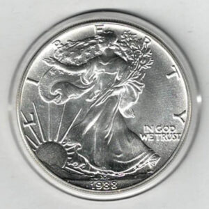 1988 Silver USA One Ounce Eagle. The liberty is on the obverse, The eagle is on the reverse. The coin contains one ounce of 999 fine silver.