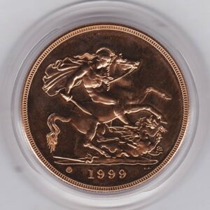 1999 Gold Five Pounds. This brilliant uncirculated issue comes in the original green boxed with certificate as issued by the royal mint.