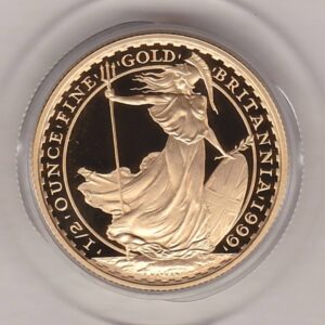 1999 Gold Proof Half Ounce Britannia coin featuring Queen Elizabeth II on the Obverse. The standing Britannia holding a trident features on the Reverse.