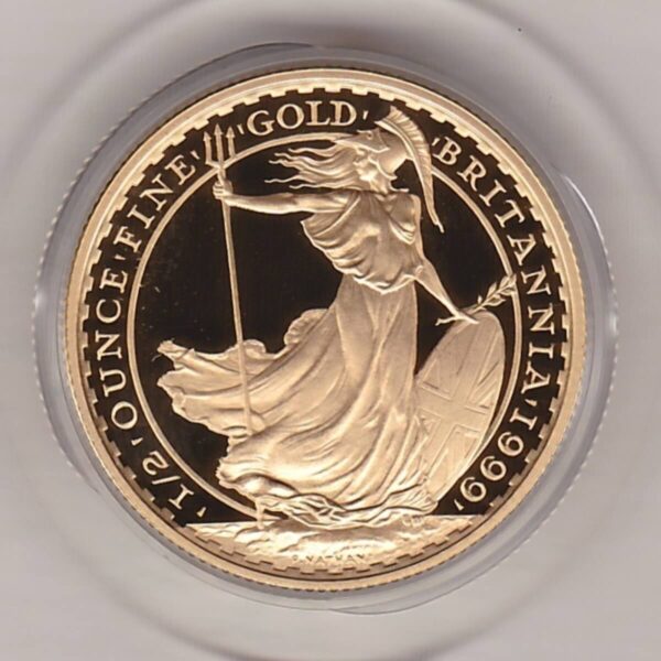 1999 Gold Proof Half Ounce Britannia coin featuring Queen Elizabeth II on the Obverse. The standing Britannia holding a trident features on the Reverse.