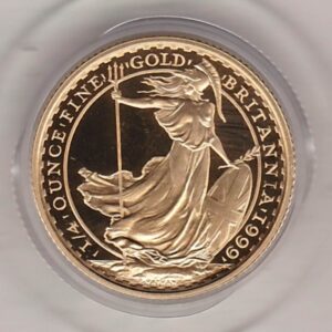 1999 Gold Proof Quarter Ounce Britannia coin features Queen Elizabeth II on the Obverse. Standing Britannia on the Reverse. Quarter ounce gold coin.