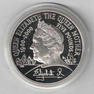 2000 Five Pounds Standard Silver Proof Queen Mother Centenary. This Standard proof coin comes boxed with certificate as issued by the royal mint.