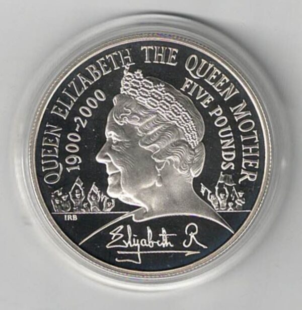 2000 Five Pounds Standard Silver Proof Queen Mother Centenary. This Standard proof coin comes boxed with certificate as issued by the royal mint.