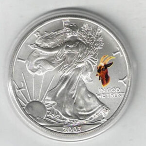 2003 Silver USA One Ounce Eagle. The liberty is on the obverse, The eagle is on the reverse. The coin contains one ounce of 999 fine silver.