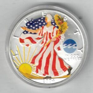 2004 Colourised Silver USA One Ounce Eagle . The liberty is on the obverse, The eagle is on the reverse. The coin contains one ounce of 999 fine silver.