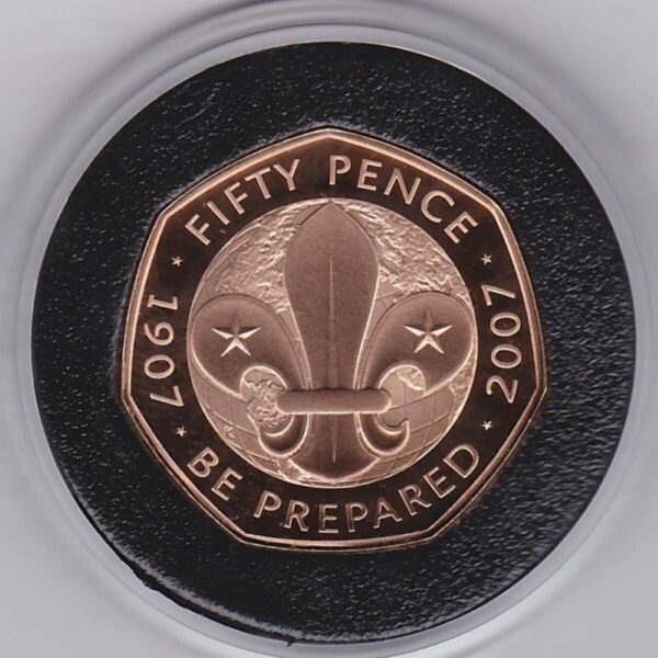 2007 Gold Proof Fifty Pence. This coin was struck to celebrate the 100th anniversary of the Scouts. The coin comes boxed with certificate.