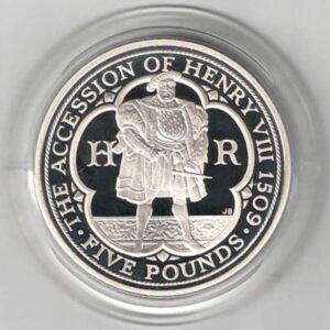2009 Standard Silver Proof Five Pound Coin Henry VIII. The Obverse features the crowned portrait of Queen Elizabeth II facing right.