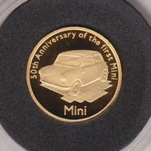 2009 Alderney Gold Proof Twenty Fifth Ounce Coin. This coin was issued to celebrate the 50th anniversary of the Mini. Boxed with certificate.