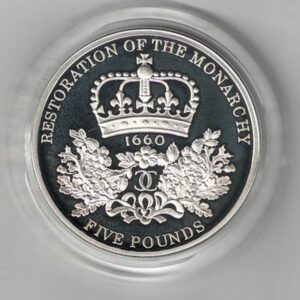 2010 Piedfort Silver Proof Five Pound Coin The Restoration of the Monarchy. The Obverse features the crowned portrait of Queen Elizabeth II facing right.