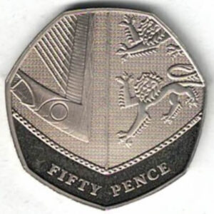 2010 Copper-Nickel Proof Royal Shield Fifty Pence Coin. The Obverse features the fourth crowned portrait of HM Queen Elizabeth II facing right