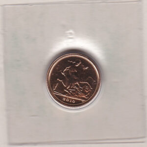 2010 Gold Quarter Sovereign Coin featuring the fourth portrait of Queen Elizabeth II on the obverse. St George and the dragon on the reverse.