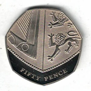 2011 Copper-Nickel Proof Royal Shield Fifty Pence Coin. The Obverse features the fourth crowned portrait of HM Queen Elizabeth II facing right