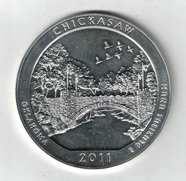 2011 USA Chickasaw Silver Five Ounce Coin. The reverse features the Lincoln bridge with the inscriptions Chickasaw, Oklahoma with date.