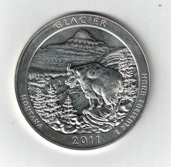 2011 USA Glacier Silver Five Ounce Coin. The reverse features a Glacier's high county with mountain goat. All coins are in stock.