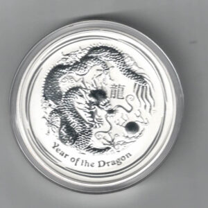 2012 Australia Lunar Year Of The Dragon Silver Five Ounce Coin. The obverse features the portrait of Queen Elizabeth II facing right.