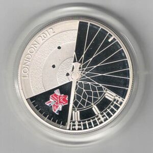2012 Paralympic five pound Piedfort silver proof coin. The reverse features Obverse features circular images found in the Games. The coin is in stock.