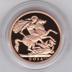 2014 Gold Proof Two Pounds coin. This coin comes in a plastic coin capsule. Queen Elizabeth II obverse and St George and the dragon reverse.