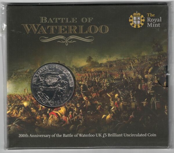2015 Five Pounds Coin The Battle of Waterloo. featuring Queen Elizabeth II on the Obverse. All five pound coins are in stock.