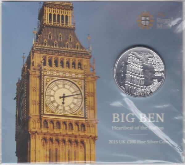 Sealed 2015 Silver One Hundred Pounds Big Ben. This coin contains two ounce of fine silver and is sealed by the royal mint.