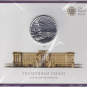 Sealed 2015 Silver One Hundred Pounds Buckingham Palace. This coin contains two ounce of fine silver and is sealed by the royal mint.