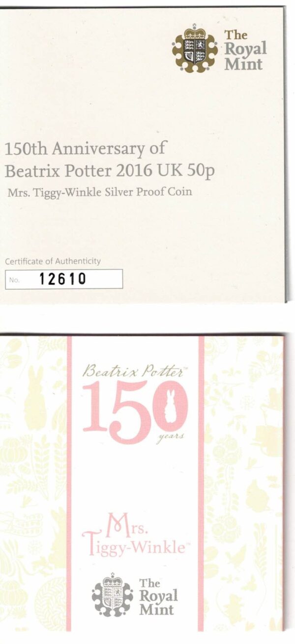 2016 Silver Proof Fifty Pence Coin Mrs Tiggy-Winkle - Image 5