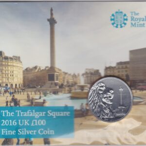Sealed 2016 Silver One Hundred Pounds Trafalgar Square. This coin contains two ounce of fine silver and is sealed by the royal mint.