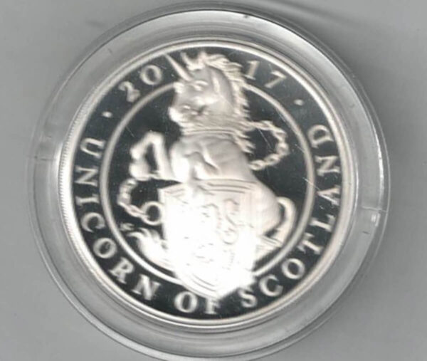 2017 Silver Proof One Ounce Unicorn of Scotland. The coin contains one ounce of 999 fine silver. All of our silver coins are in stock.