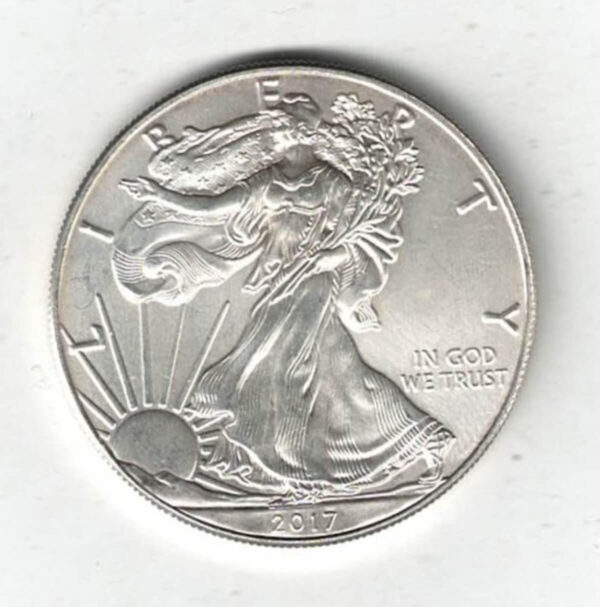 2017 Silver USA One Ounce Eagle. The liberty is on the obverse, The eagle is on the reverse. The coin contains one ounce of 999 fine silver.