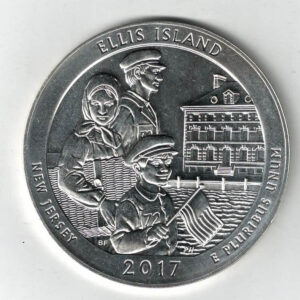 2017 USA Ellis Island Silver Five Ounce Coin. The obverse features the portrait of George Washington facing left. All coins are in stock.