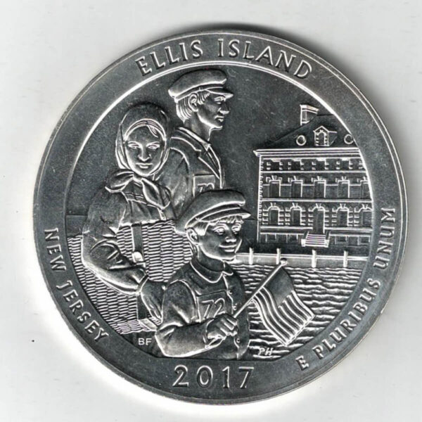 2017 USA Ellis Island Silver Five Ounce Coin. The obverse features the portrait of George Washington facing left. All coins are in stock.