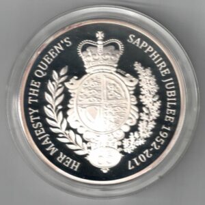 Boxed 2017 Silver Proof Five Ounce The Sapphire Jubilee. This coin weighs 156.30 grams of 0.999 silver. All coins are in stock.