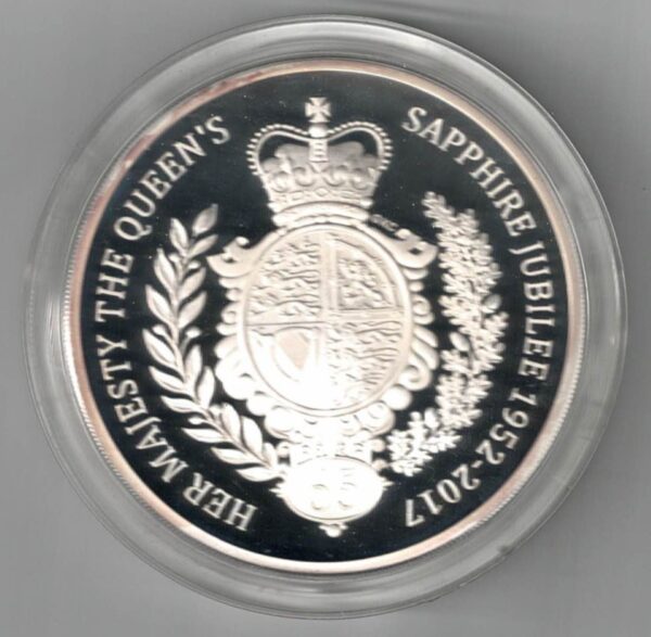 Boxed 2017 Silver Proof Five Ounce The Sapphire Jubilee. This coin weighs 156.30 grams of 0.999 silver. All coins are in stock.