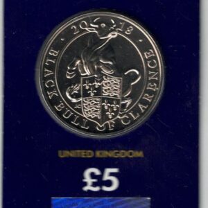 2018 Black Bull Of Clarence Five Pound Coin. This coin comes in the change checker card presentation packet in near mint condition.