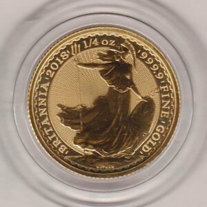 2018 Gold Quarter Ounce Britannia coin featuring Queen Elizabeth II on the Obverse. The standing Britannia on the Reverse.