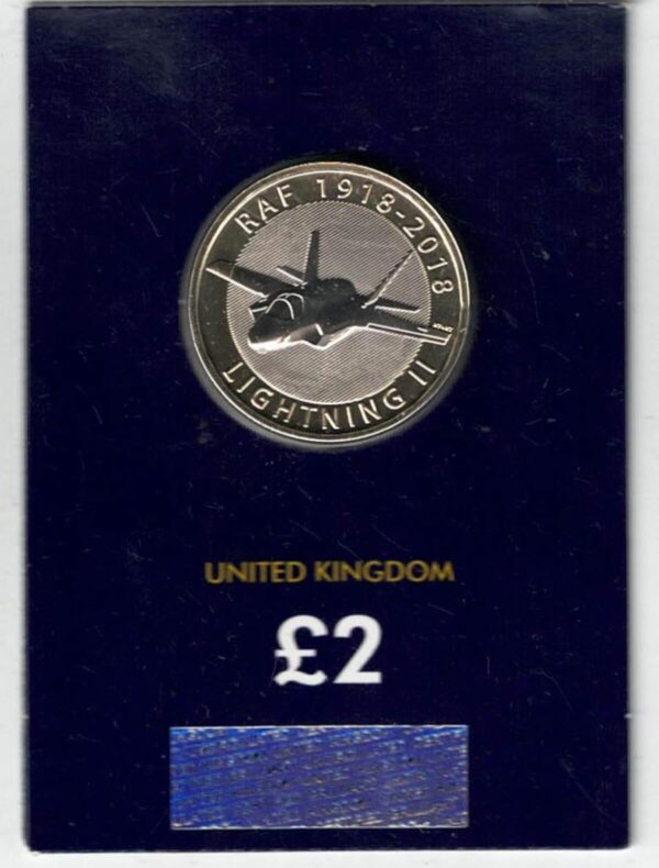 2018 Raf Centenary Lightning II Two Pound Change Checker Coin featuring Elizabeth II on the obverse. All coins are in stock for despatch.