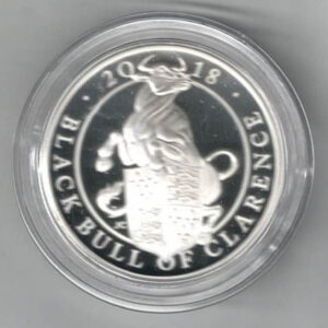 2018 Silver Proof One Ounce Black Bull of Clarence. The coin contains one ounce of 999 fine silver. All of our silver coins are in stock.
