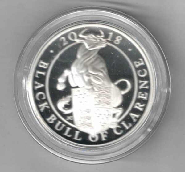 2018 Silver Proof One Ounce Black Bull of Clarence. The coin contains one ounce of 999 fine silver. All of our silver coins are in stock.