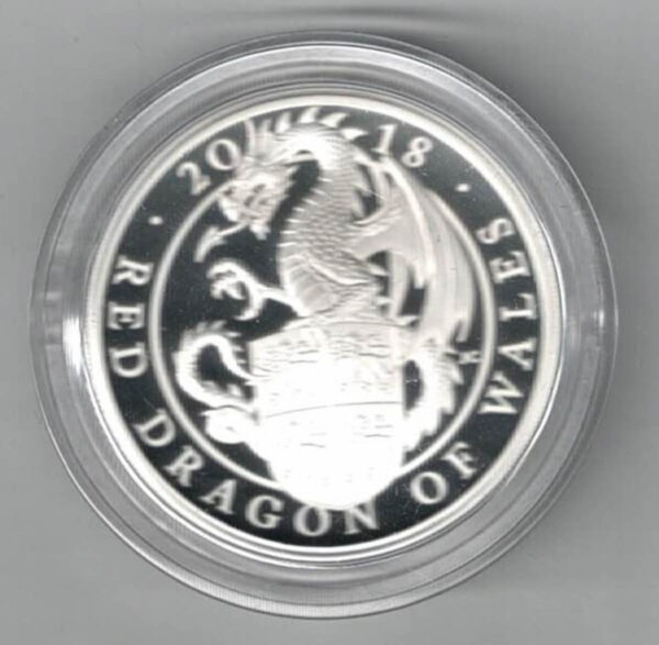2018 Silver Proof One Ounce Red Dragon of Wales. The coin contains one ounce of 999 fine silver. All of our silver coins are in stock.