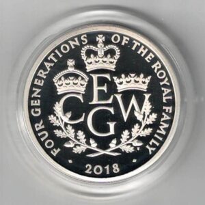 2018 Five Pounds Piedfort Silver Proof Four Generations of Royalty. This Piedfort proof coin comes boxed with certificate as issued by the royal mint.