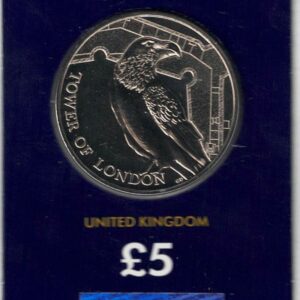 2019 Five Pound Coin, Legend of the Ravens. This coin comes in the change checker card presentation packet in mint condition. Queen Elizabeth on obverse.
