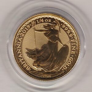 2019 Gold Quarter Ounce Britannia coin featuring Queen Elizabeth II on the Obverse. The standing Britannia on the Reverse.